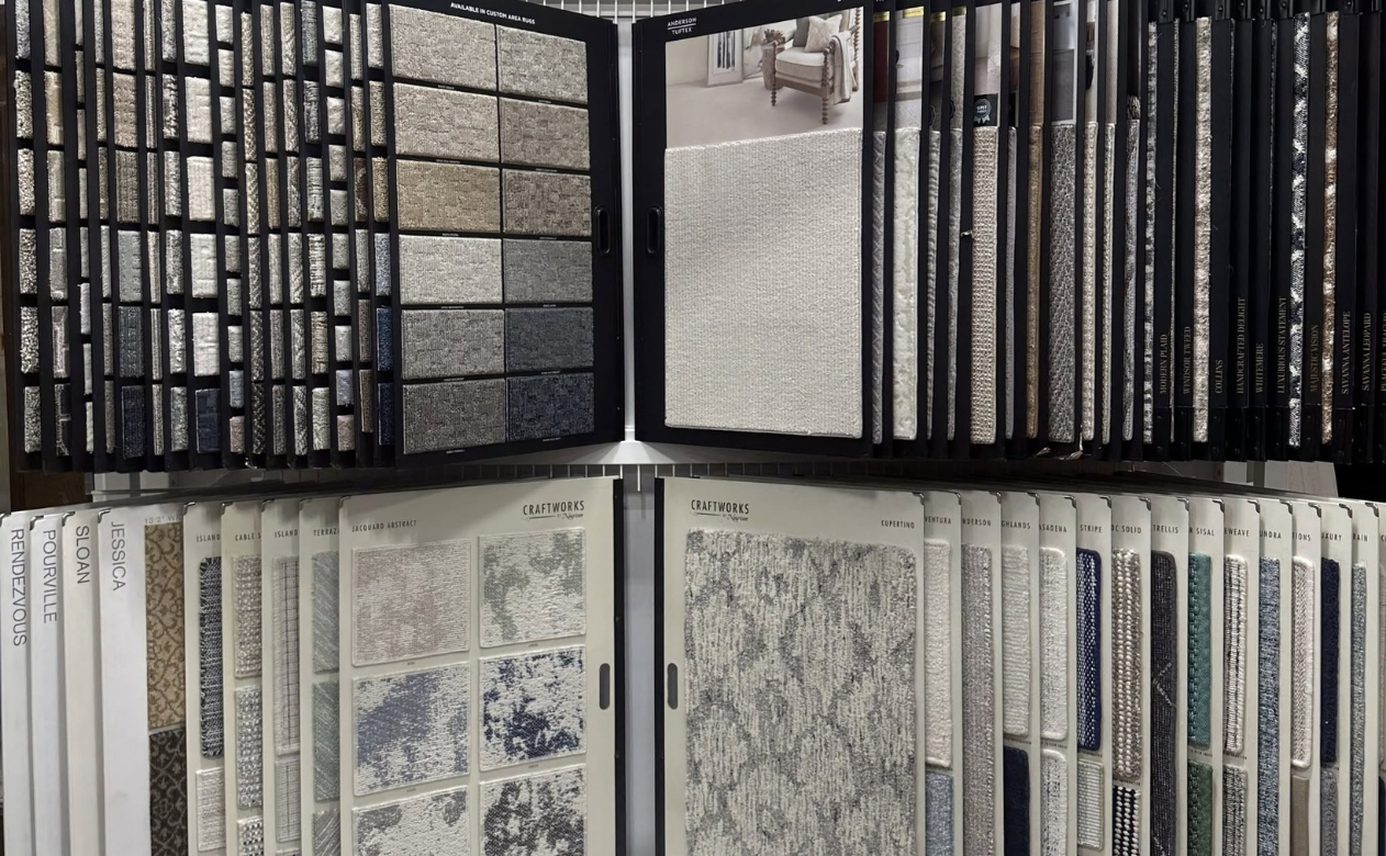 Designer carpet sample display at Hanover Floors in Tampa, FL