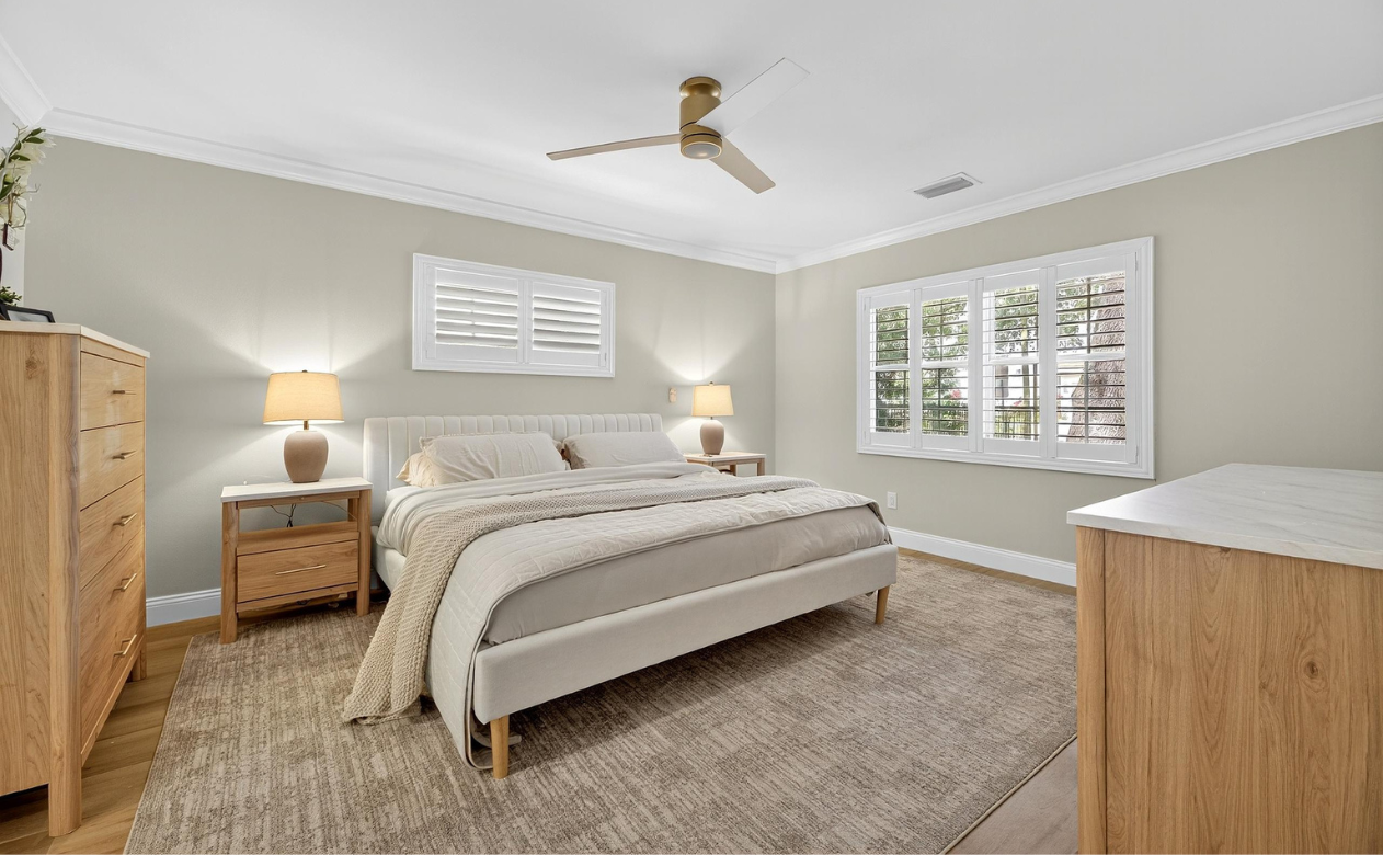 Bedroom remodel with beige custom area rug from Hanover Floors Kitchen & Bath