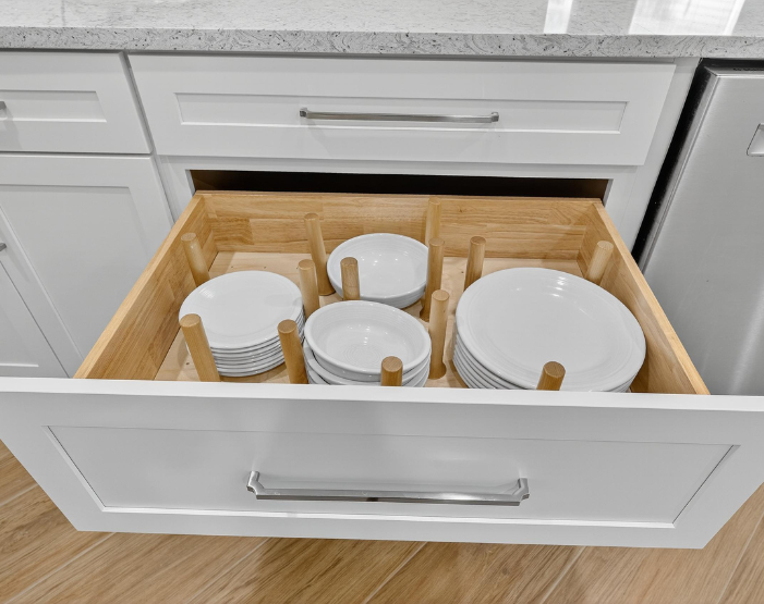Kitchen with accessible pullout drawer with plates from Hanover Floors Kitchen & Bath