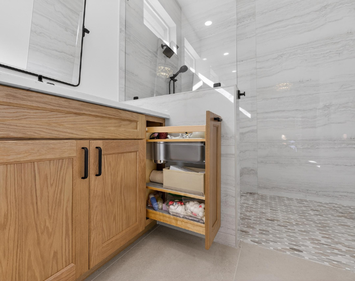 Pull-out vanity storage in a bathroom remodel in Westchase, FL