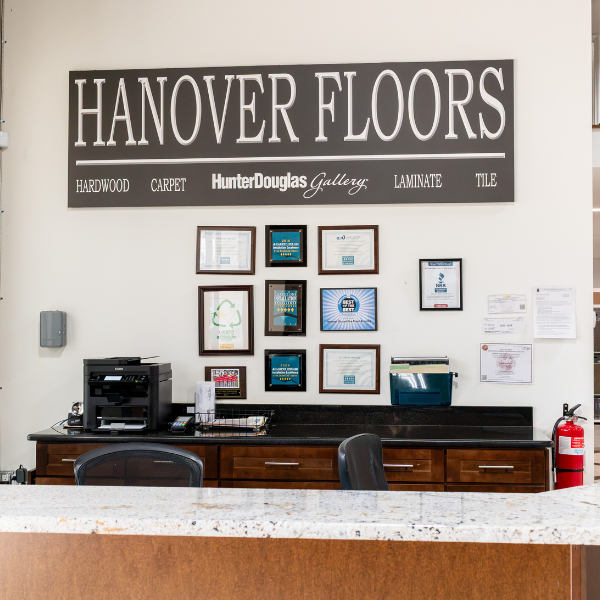 Hanover Floors sign at front desk