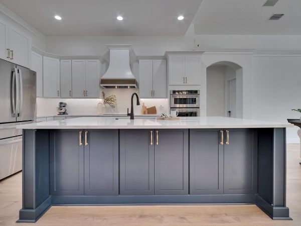 tampa kitchen island design blue cabinets white counter